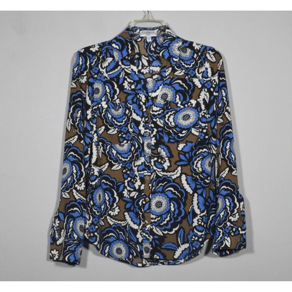 Express Tops - Express Portofino Blue Pop Floral Roll Tab Sleeve Button Up Shirt Size XS